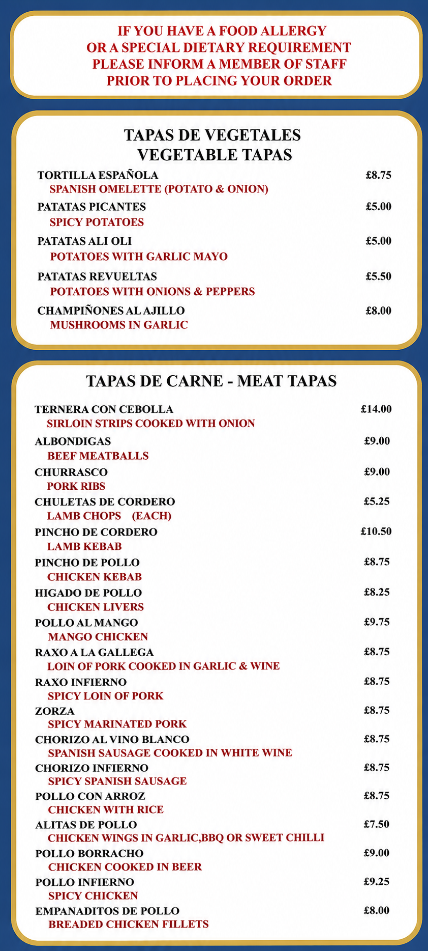 La Farola menu page 1